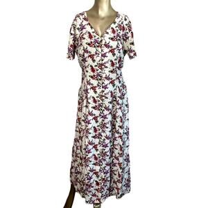 VTG DBY Ltd Floral Maxi Midi Dress JR Size 13 Pearl Button Double Slit 90s
